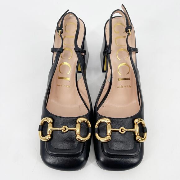 Gucci Black Leather Baby Horsebit Square Toe Block Heel Slingback Pumps EU 37 - Picture 6 of 12